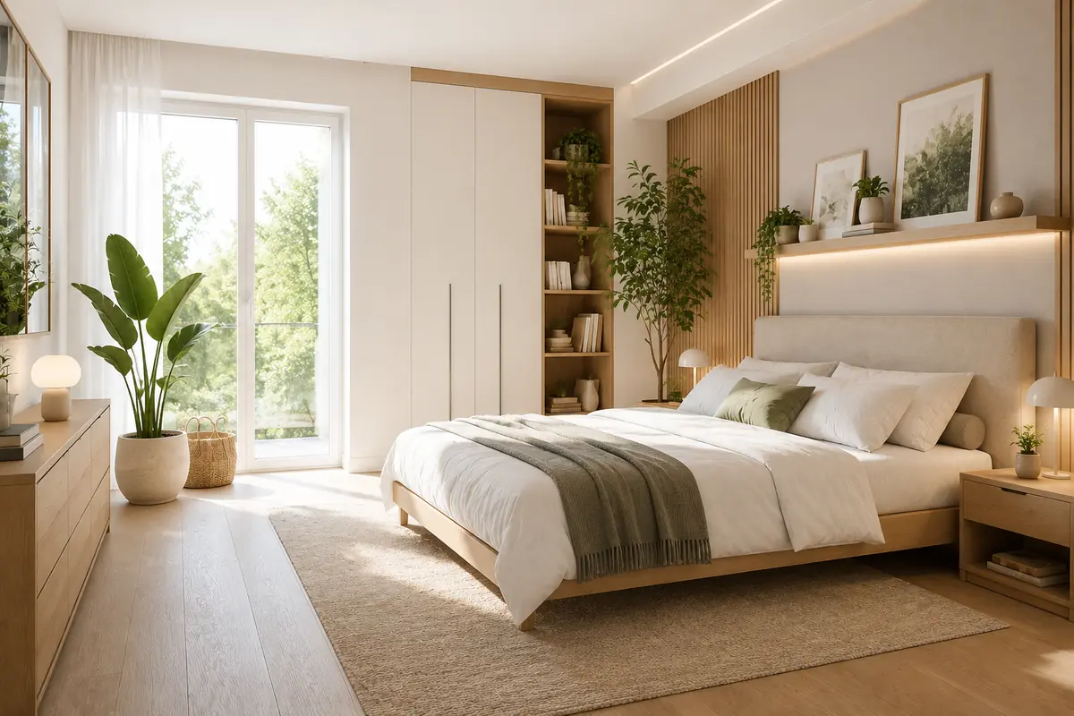 Camera da letto moderna con colori tenui e luce naturale che entra dalla porta finestra